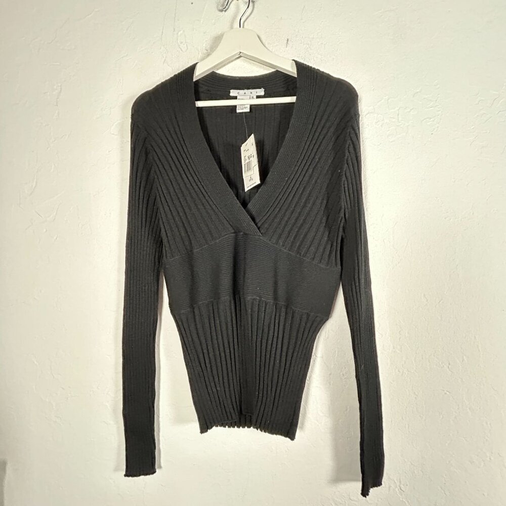 CAbi Womens Ribbed Knit Silk Blend V-Neck Sweater Black XL Pullover #337 New